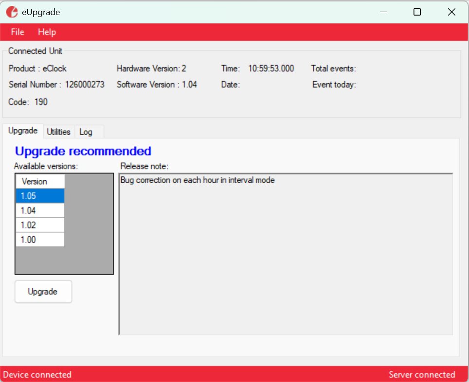 eUpgrade med en tilkoblet eClock, Upgrade recommended og versjonslista Available versions
